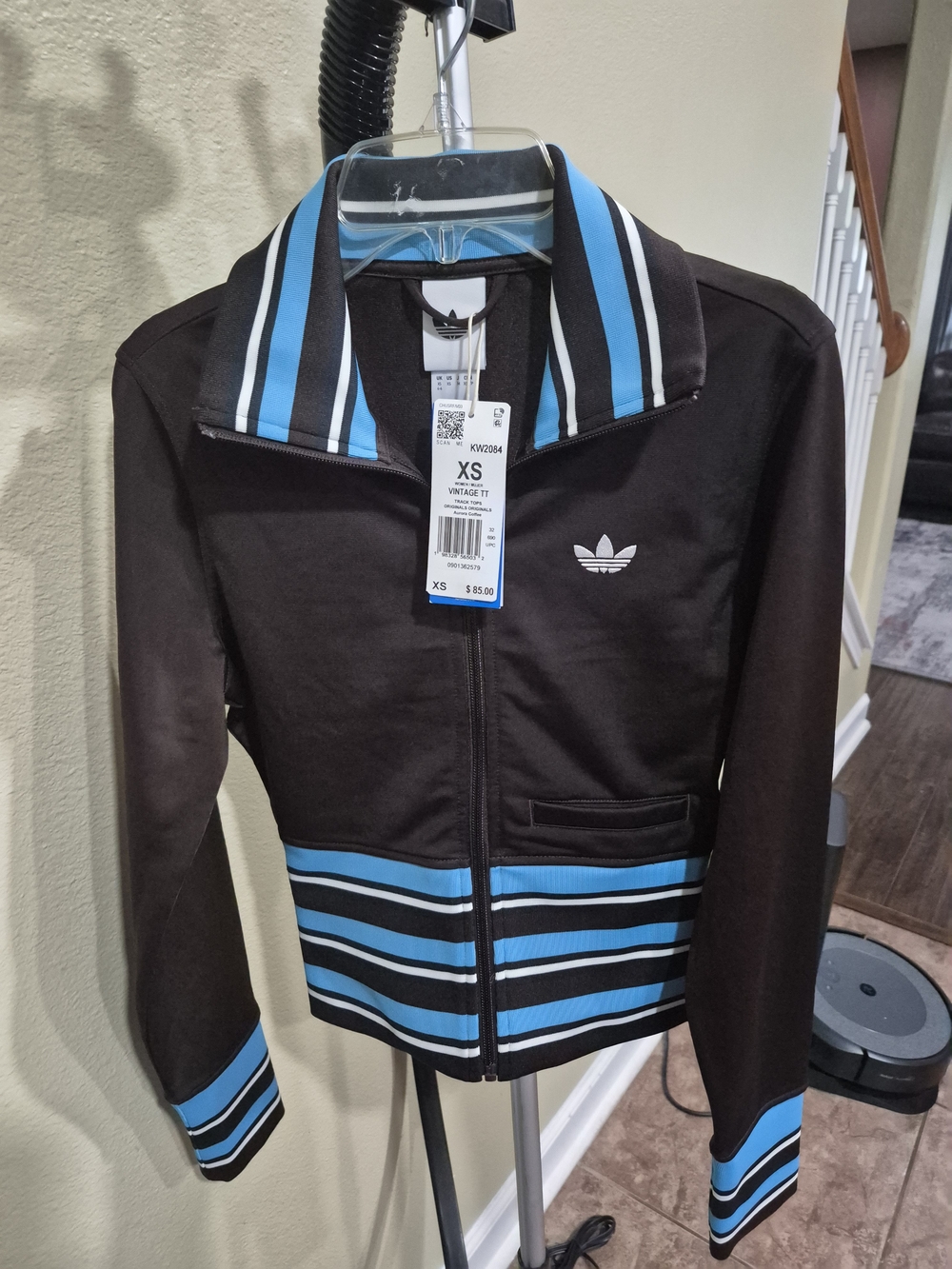 Adidas Women's Vintage TT Brown Track Jacket with Blue Stripe Detail Size XS